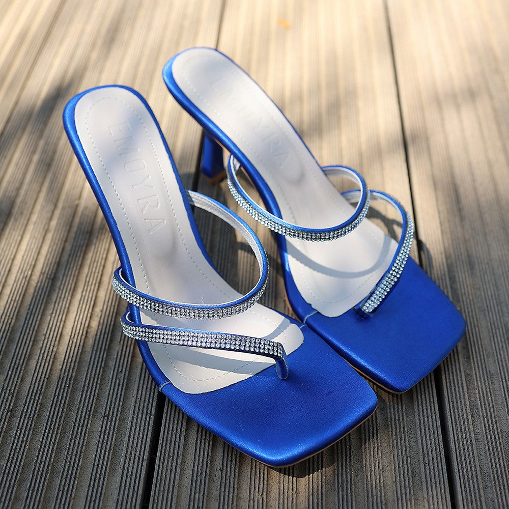 Women's Blue Satin Heeled Slippers - STREETMODE™