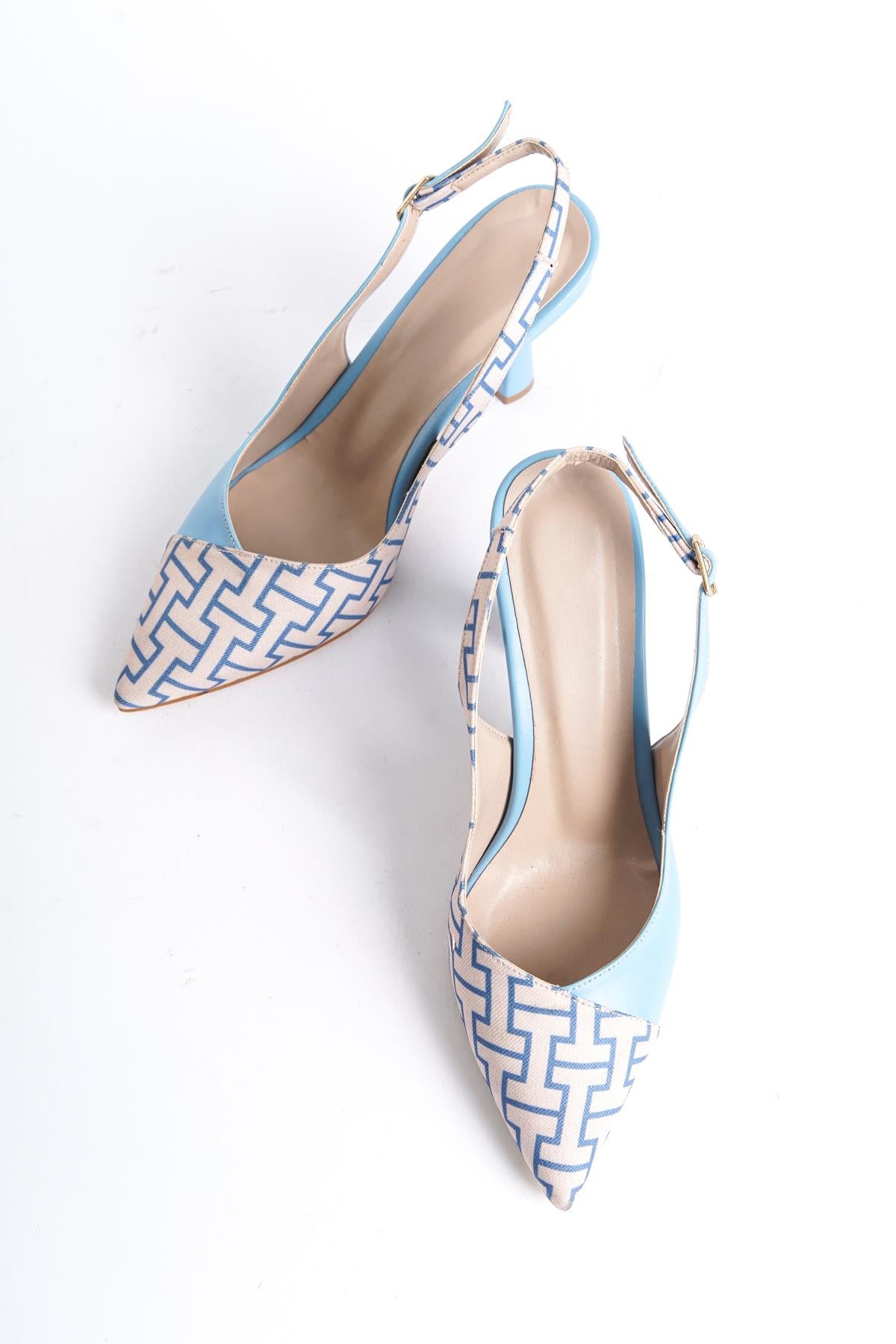 Women's Blue Skin Fabric Detailed Heeled Shoes (8) cm heel - STREETMODE™