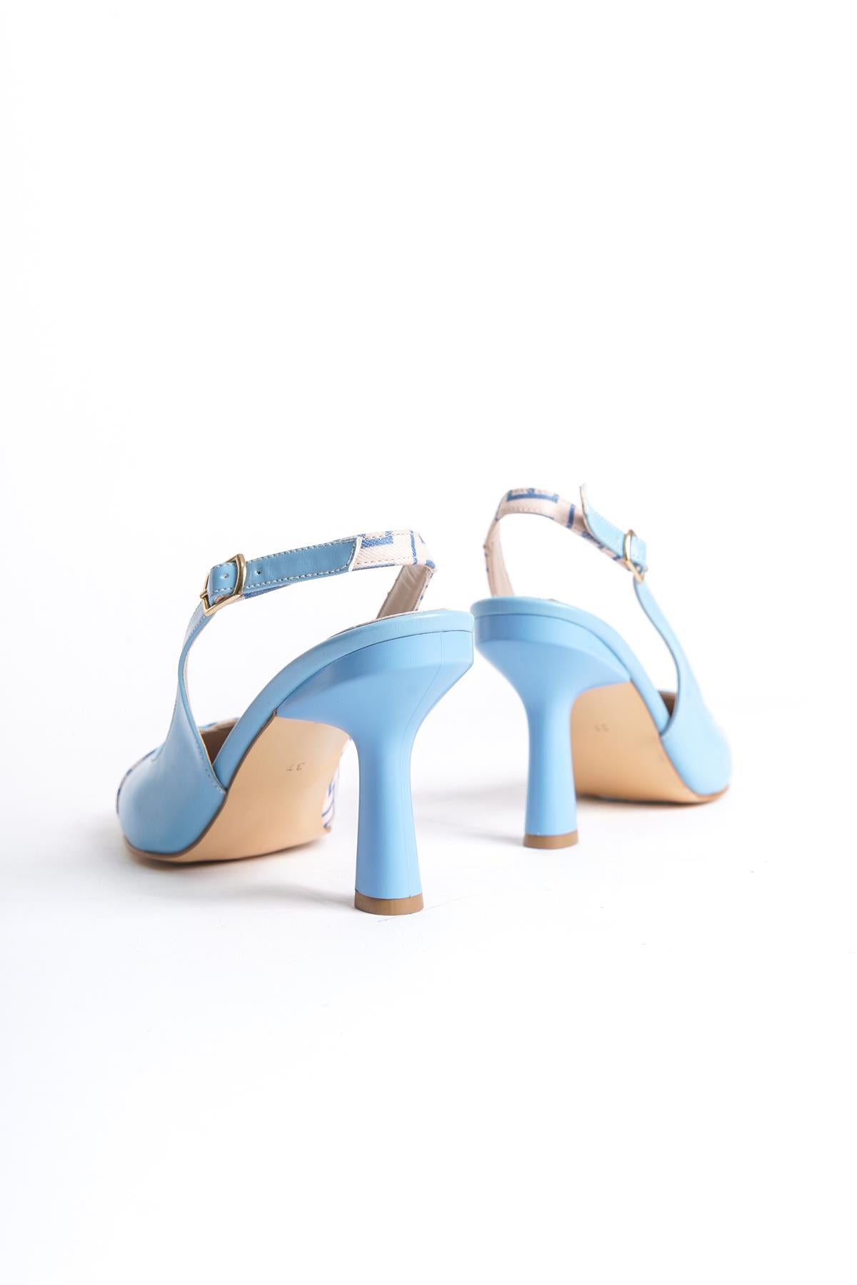 Women's Blue Skin Fabric Detailed Heeled Shoes (8) cm heel - STREETMODE™