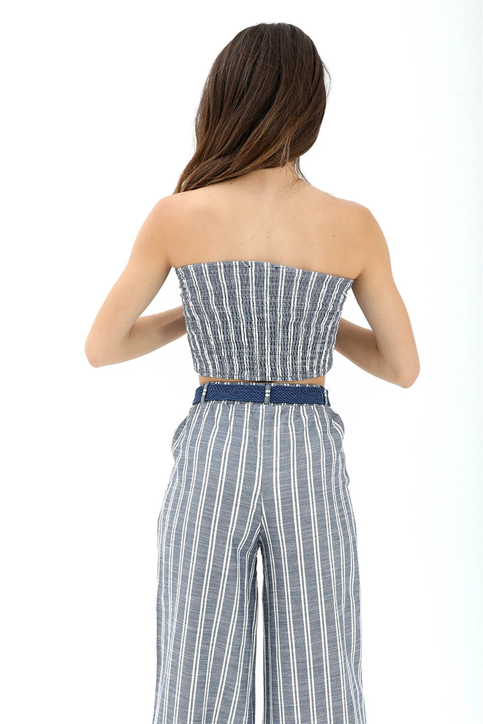 Women's Bow Detail Striped Linen Bustier - Indigo - STREETMODE™