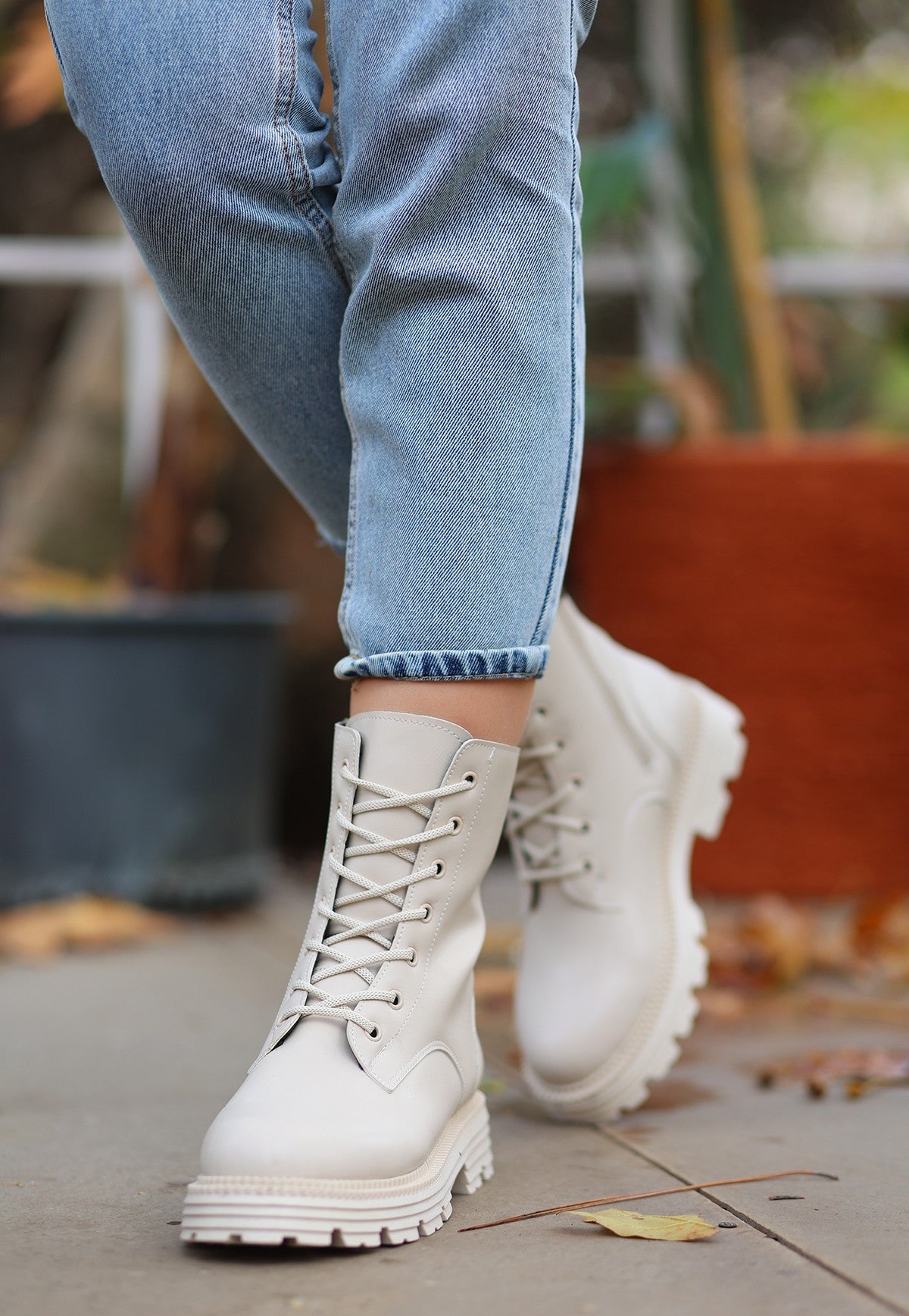 Women's Bria Beige Leather Laced Boots - STREETMODE™