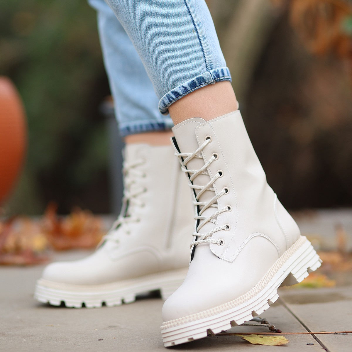 Women's Bria Beige Leather Laced Boots - STREETMODE™