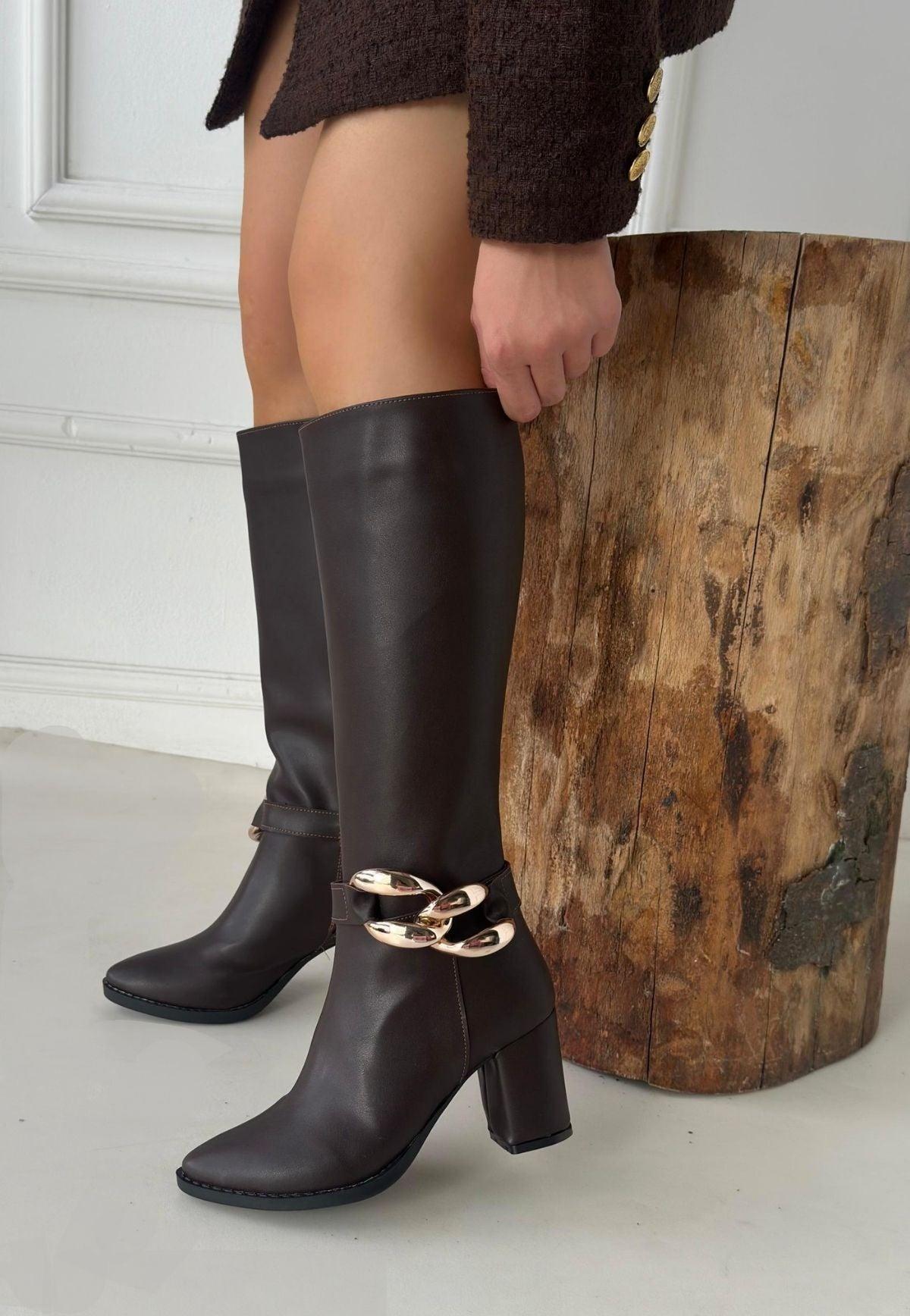 Women's Brown Leather High Heel Boots - STREETMODE™