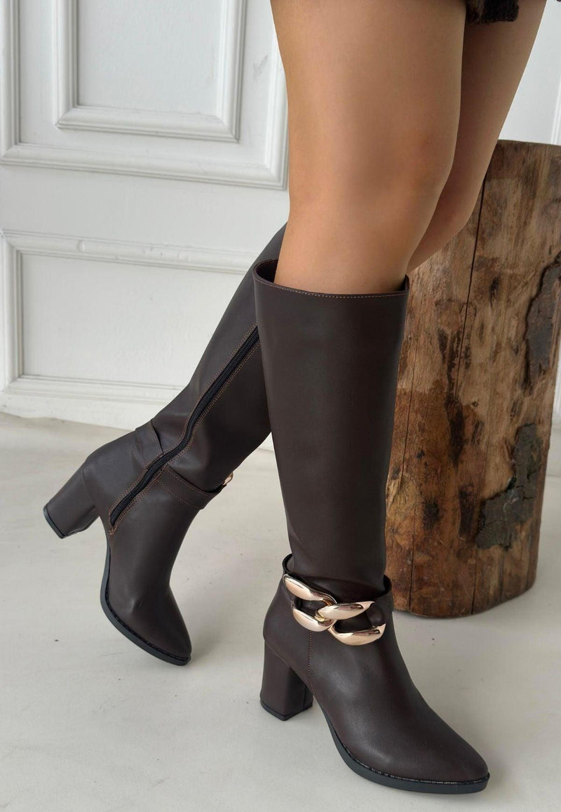 Women's Brown Leather High Heel Boots - STREETMODE™