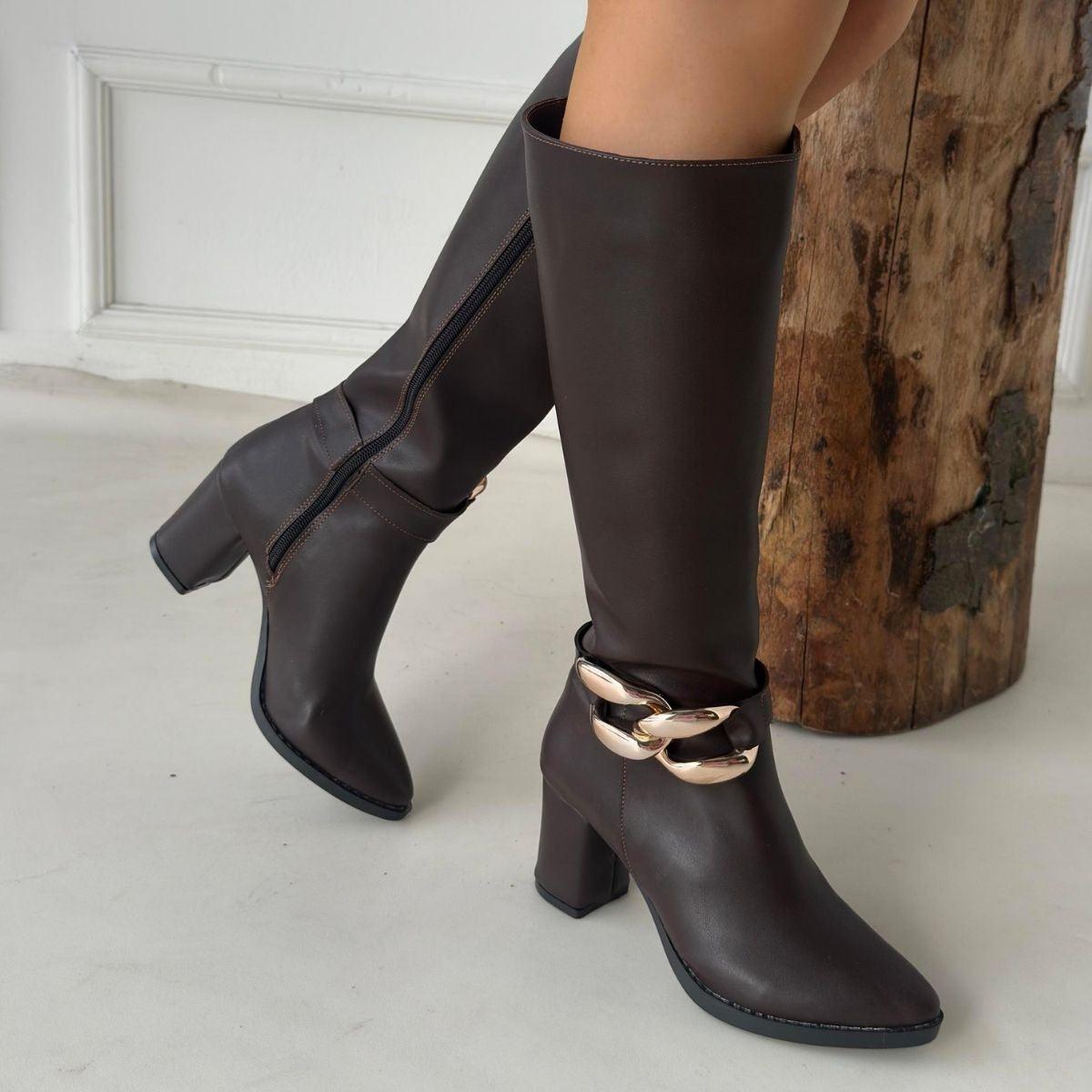 Women's Brown Leather High Heel Boots - STREETMODE™