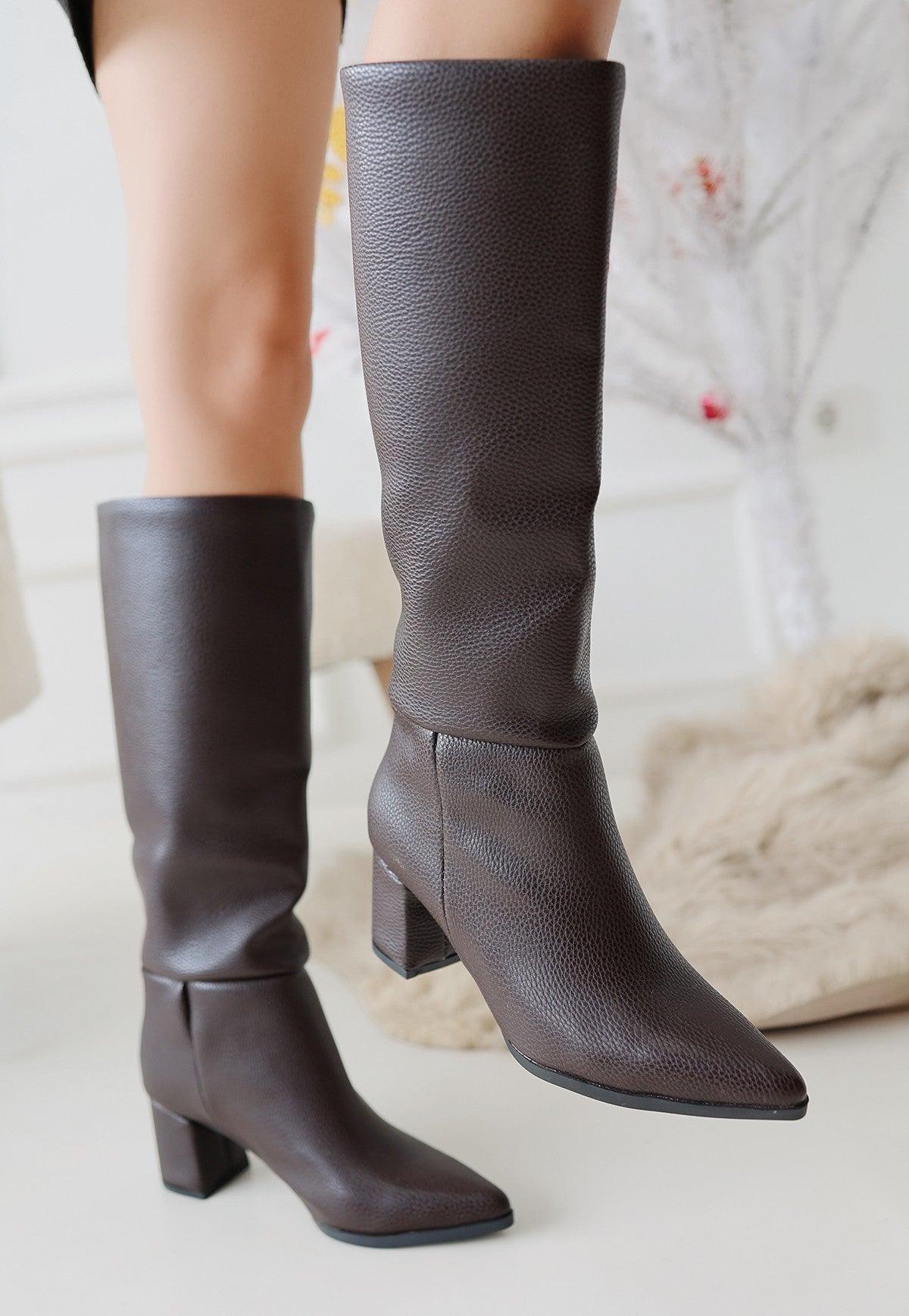 Women's Brown Leather High Heel Boots - STREETMODE™