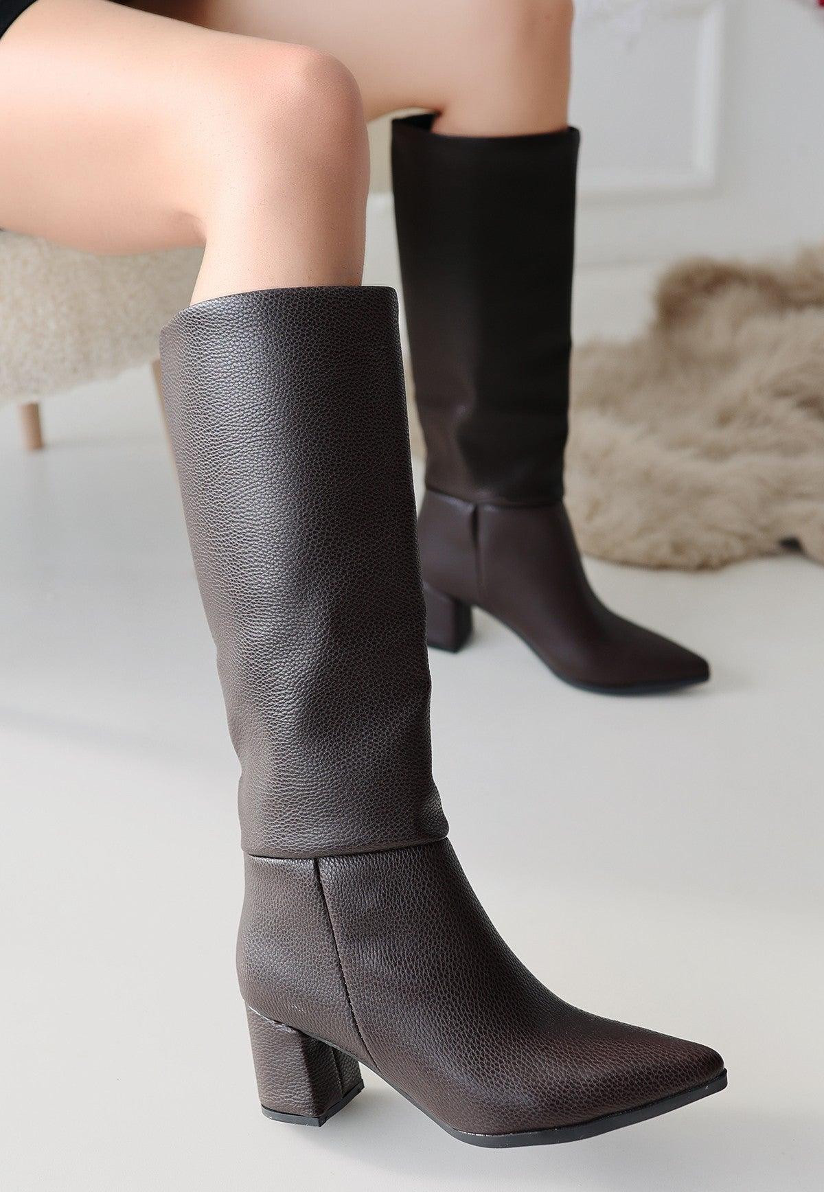 Women's Brown Leather High Heel Boots - STREETMODE™