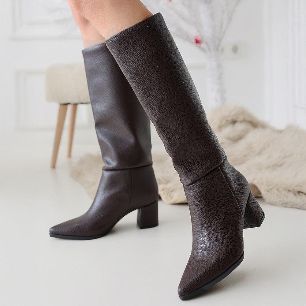 Women's Brown Leather High Heel Boots - STREETMODE™