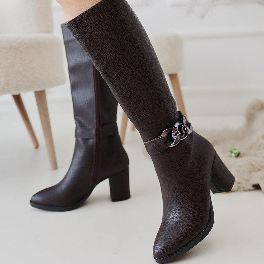 Women's Brown Leather High Heel Boots - STREETMODE™