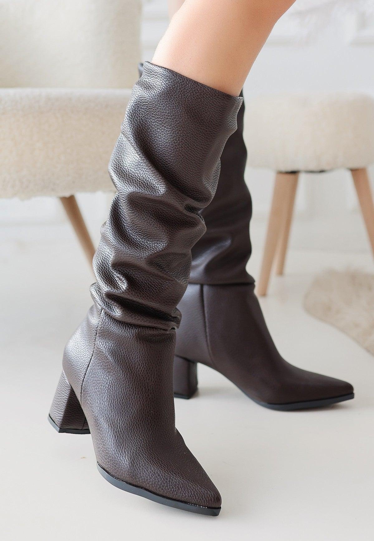 Women's Brown Leather High Heel Boots - STREETMODE™