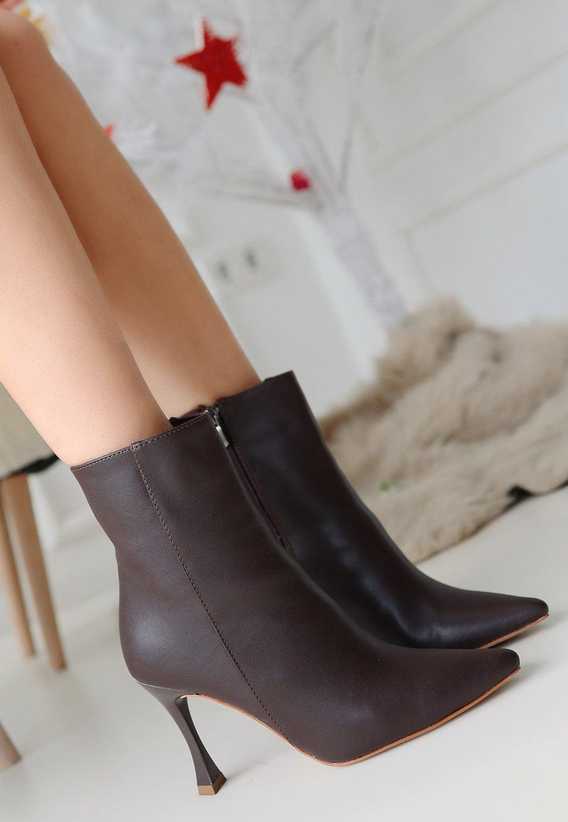 Women's Brown Leather High Heel Boots - STREETMODE™