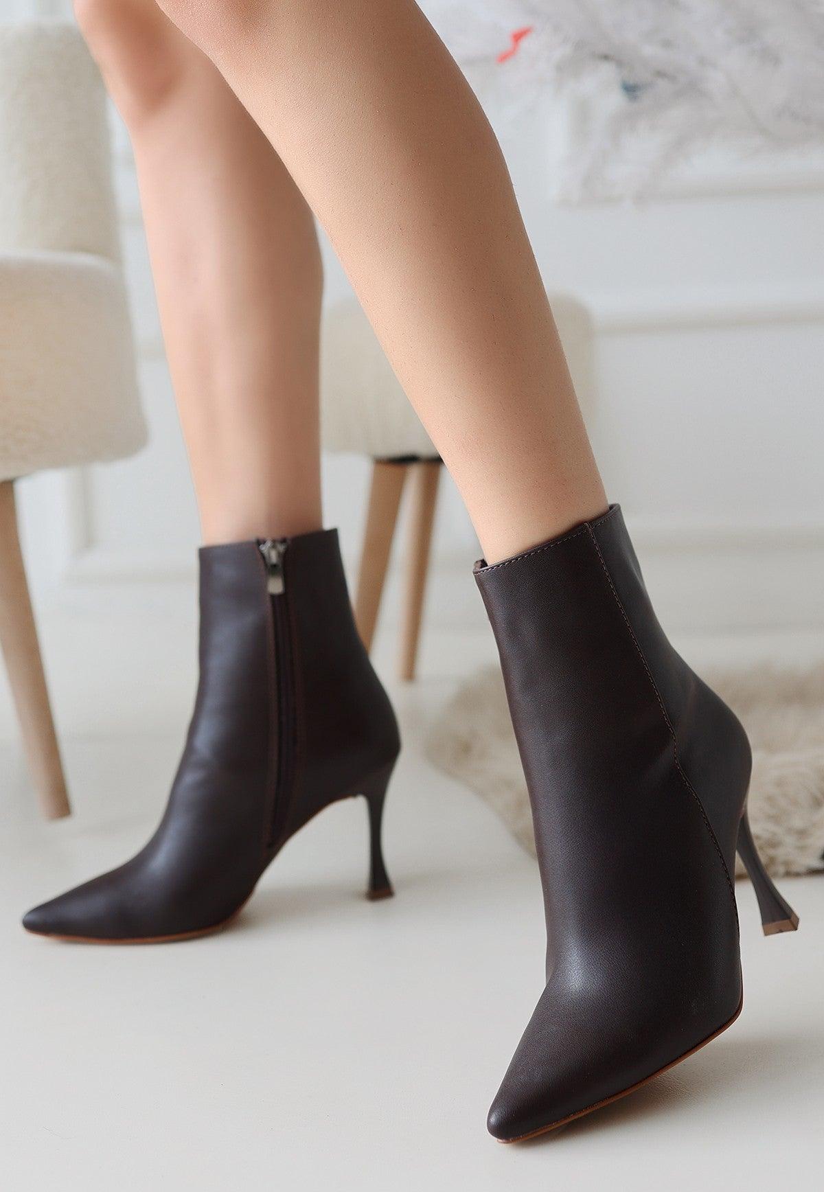 Women's Brown Leather High Heel Boots - STREETMODE™