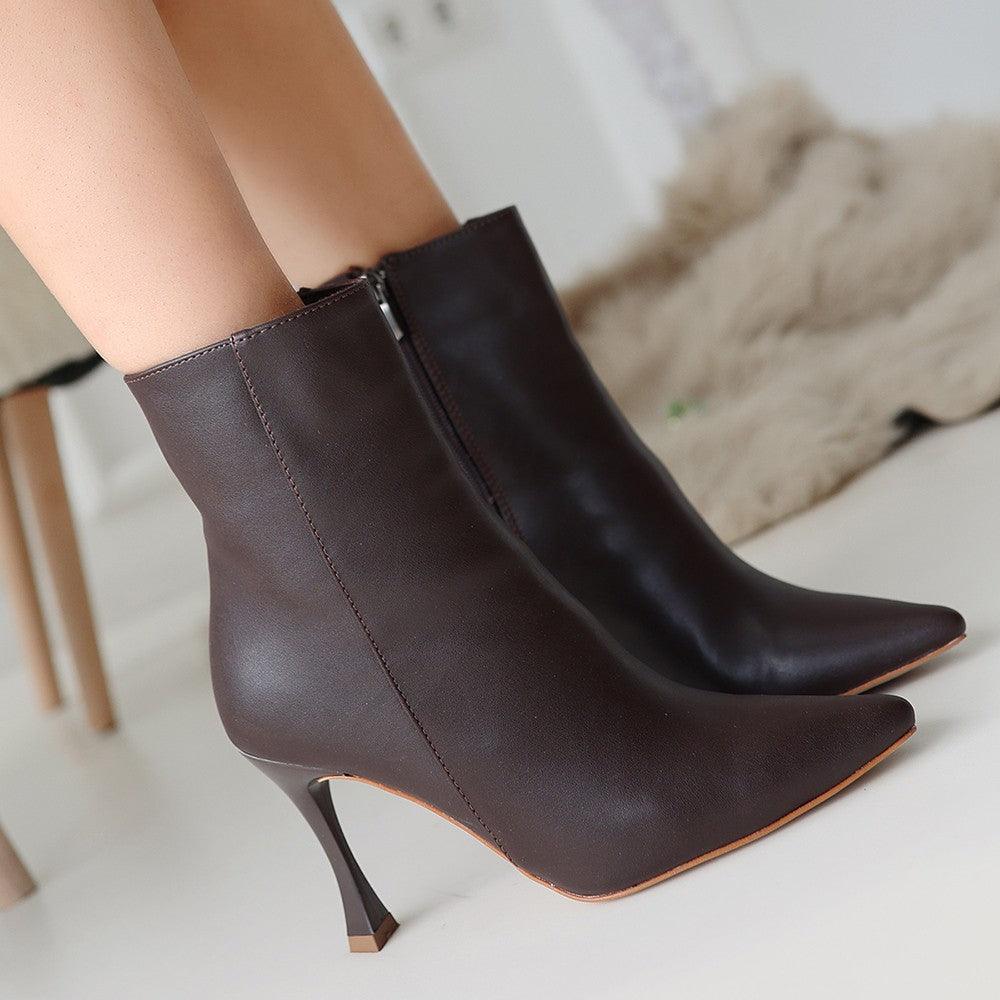 Women's Brown Leather High Heel Boots - STREETMODE™