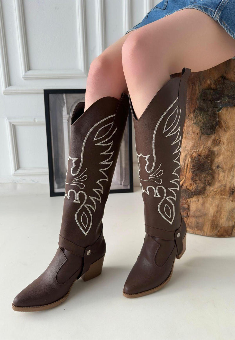 Women's Brown Leather Slip-On High Heel Boots And Boots - STREETMODE™