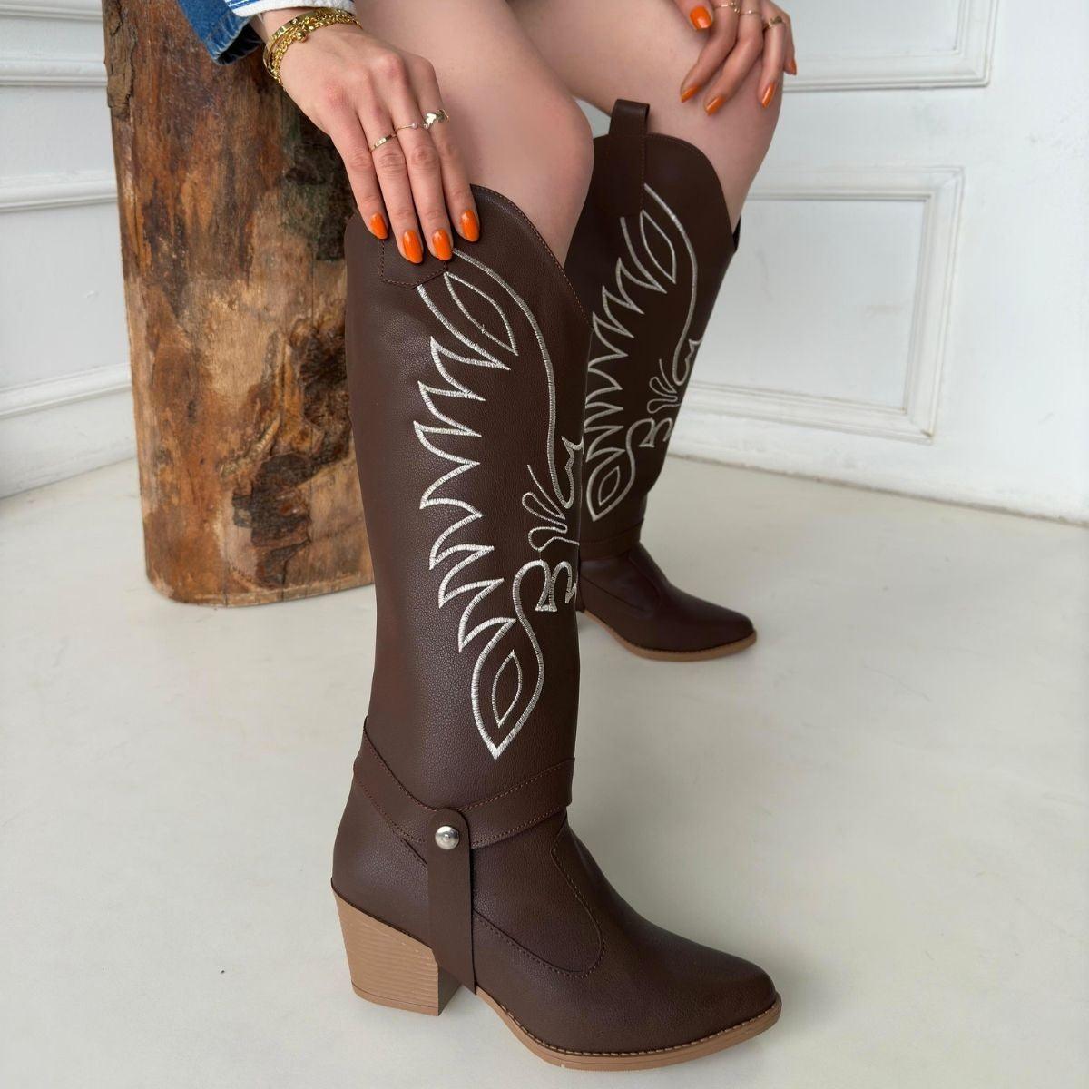 Women's Brown Leather Slip-On High Heel Boots And Boots - STREETMODE™