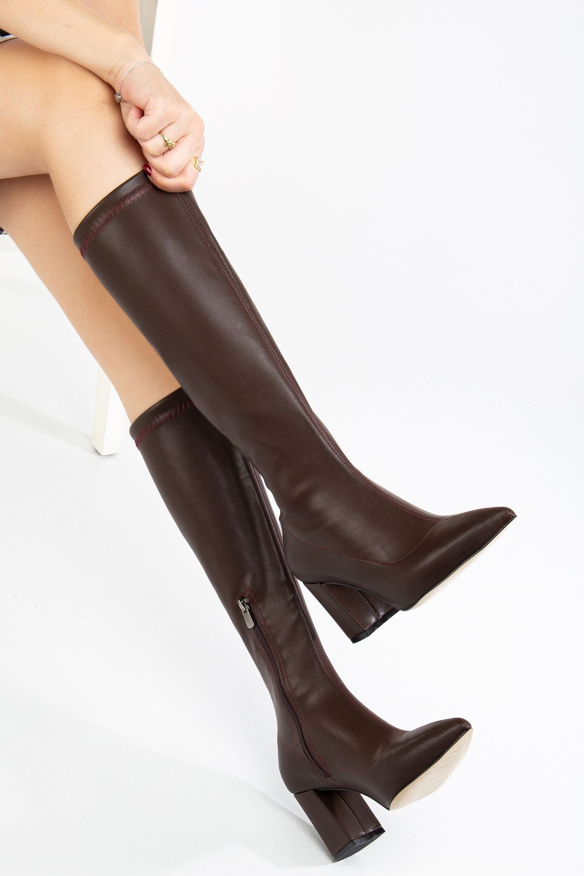 Women's Brown Leather Thick Heel Zipper Boots - STREETMODE™