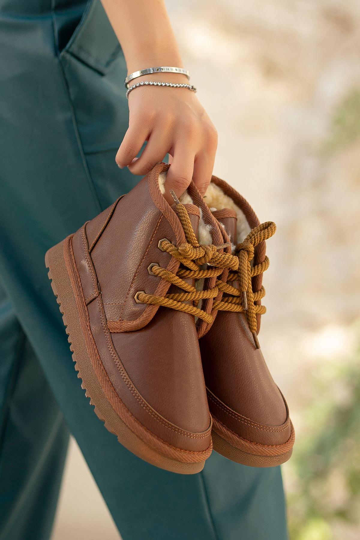 Women's Brown Leather Thick Soled Lace-Up Ankle Boots - STREETMODE™