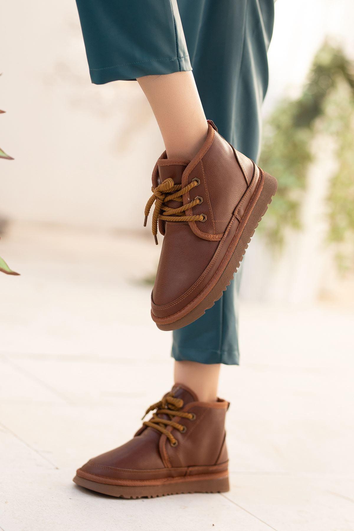 Women's Brown Leather Thick Soled Lace-Up Ankle Boots - STREETMODE™