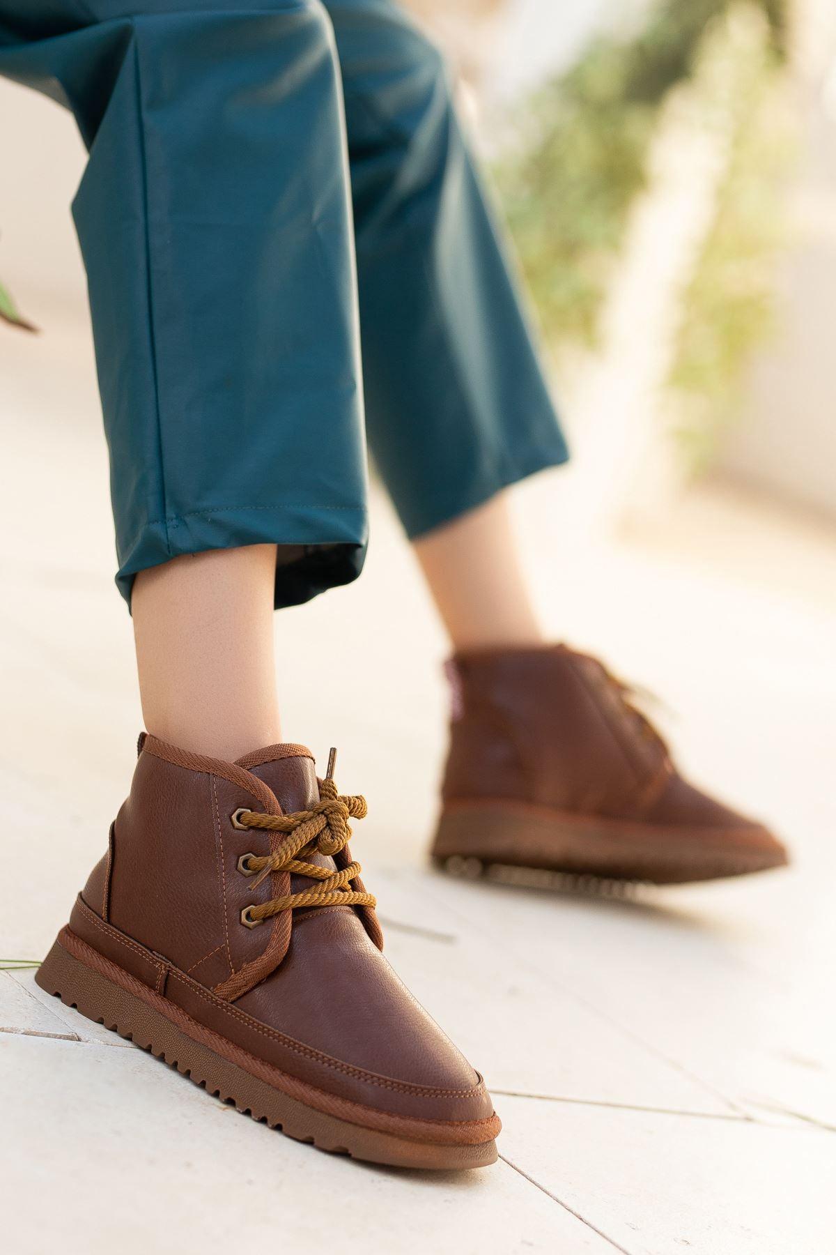 Women's Brown Leather Thick Soled Lace-Up Ankle Boots - STREETMODE™