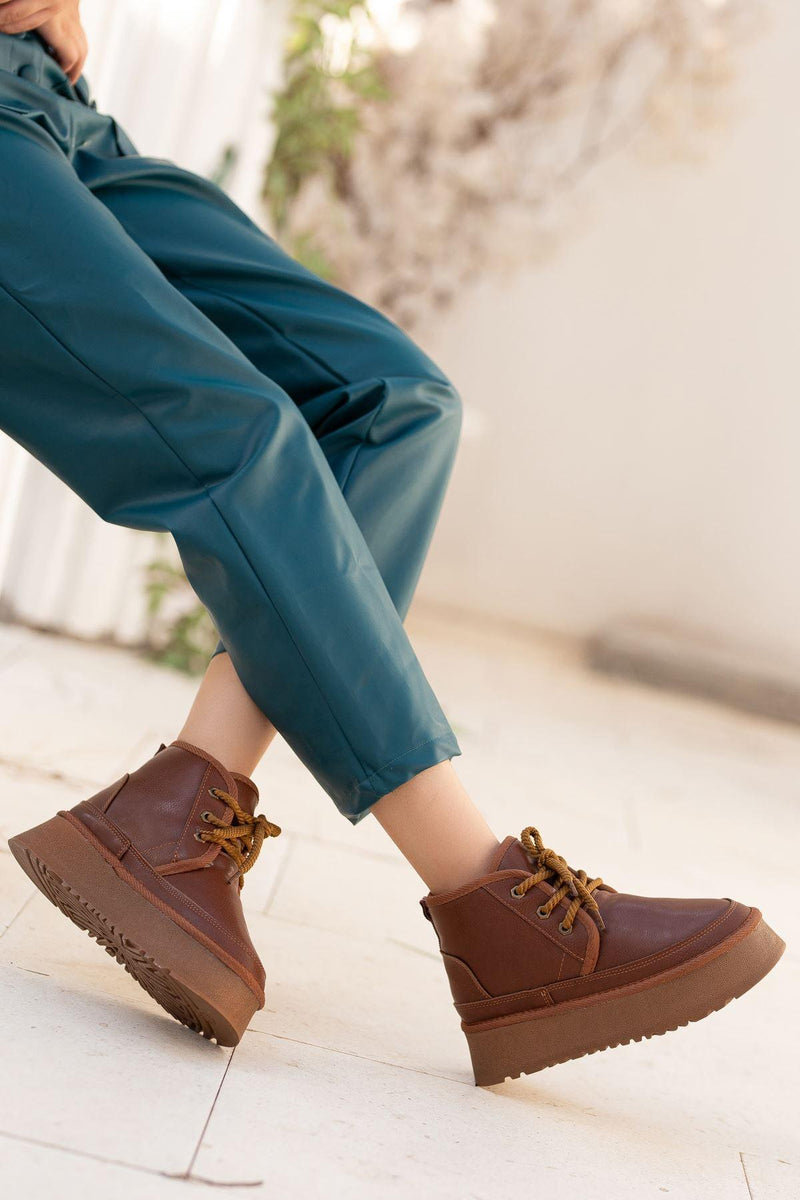 Women's Brown Leather Thick Soled Lace-Up Ankle Boots - STREETMODE™