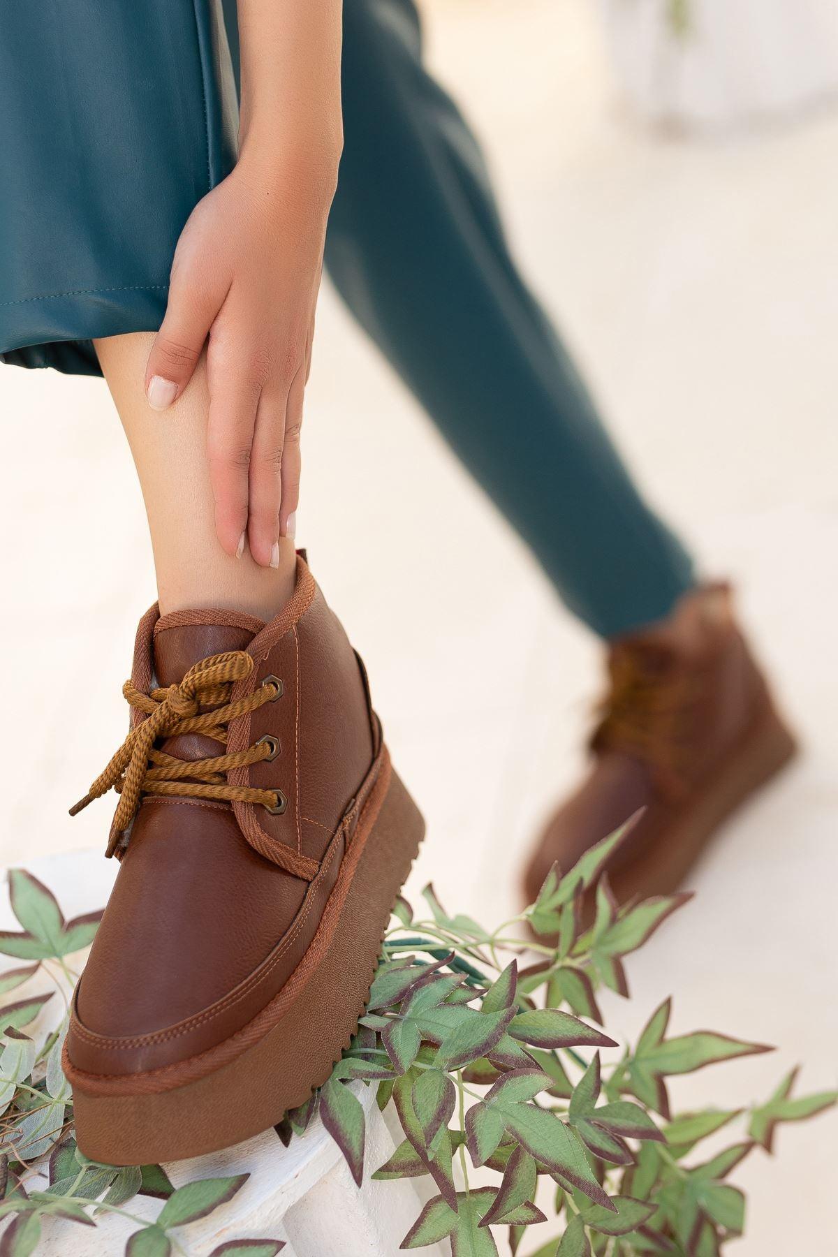 Women's Brown Leather Thick Soled Lace-Up Ankle Boots - STREETMODE™