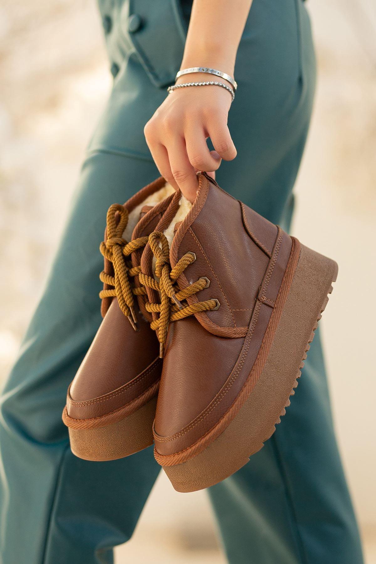 Women's Brown Leather Thick Soled Lace-Up Ankle Boots - STREETMODE™