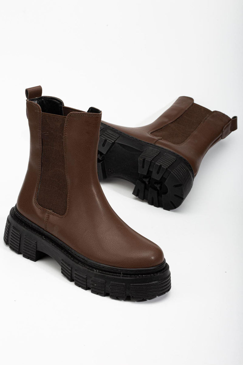 Women's Brown Side Elastic Zipperless Laceless Stitched Sole Waterproof Boots - STREETMODE™