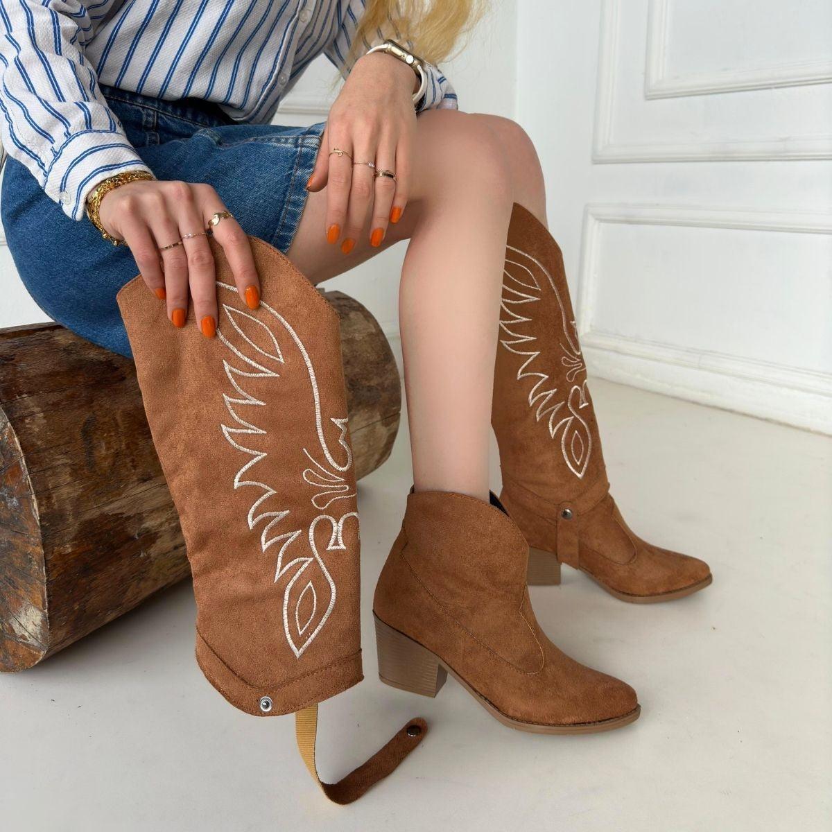 Women's Brown Suede Slip-On Heeled Boots And Boots - STREETMODE™