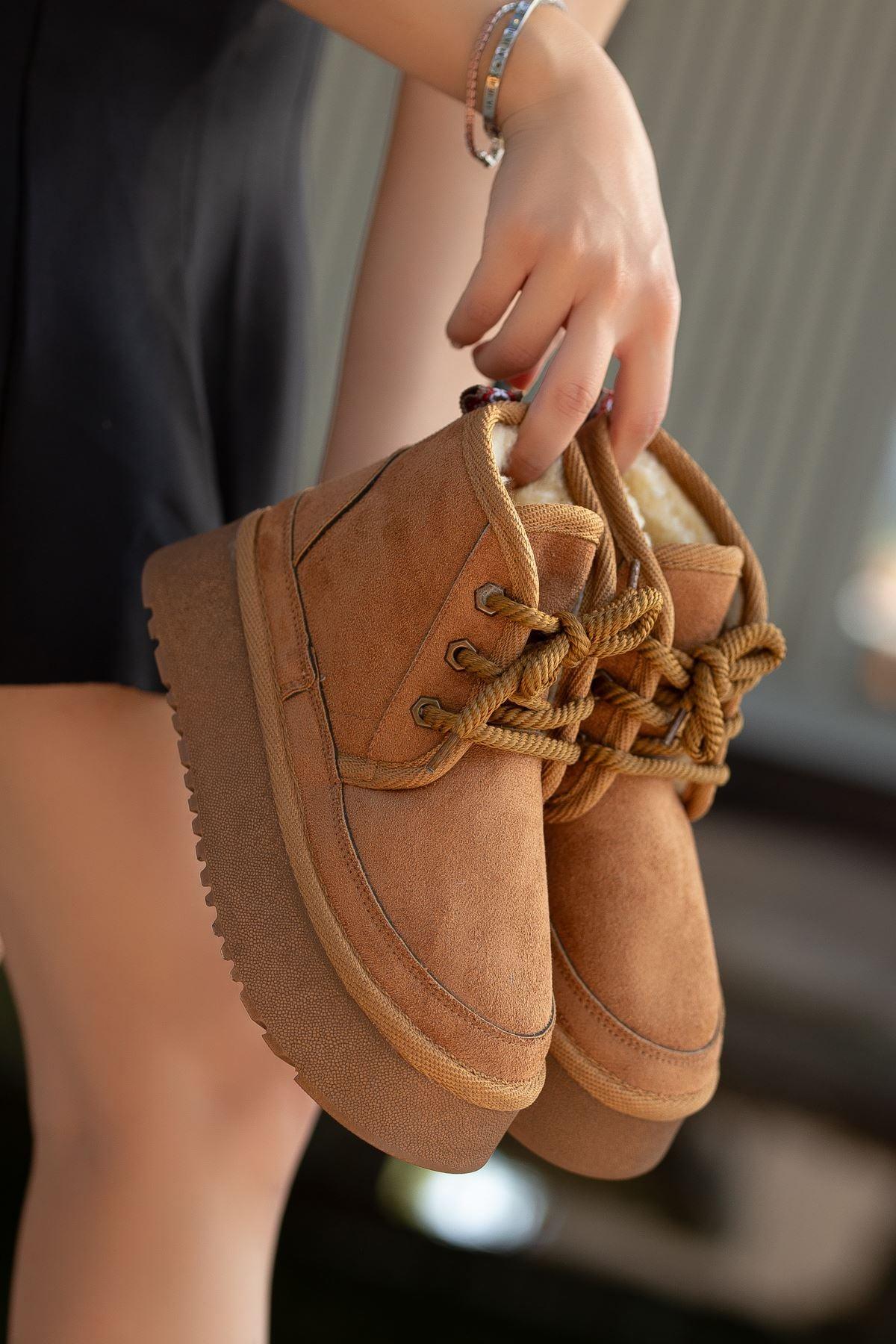 Women's Brown Suede Thick-Soled Lace-Up Ankle Boots - STREETMODE™