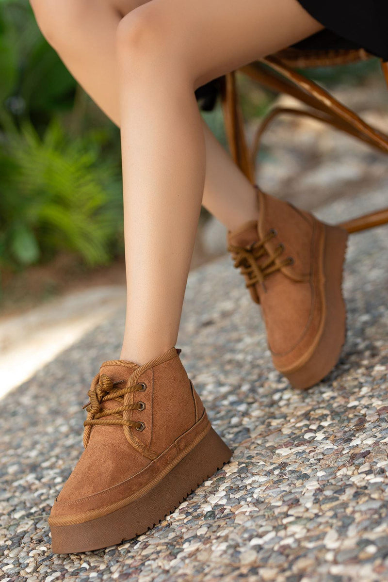 Women's Brown Suede Thick-Soled Lace-Up Ankle Boots - STREETMODE™