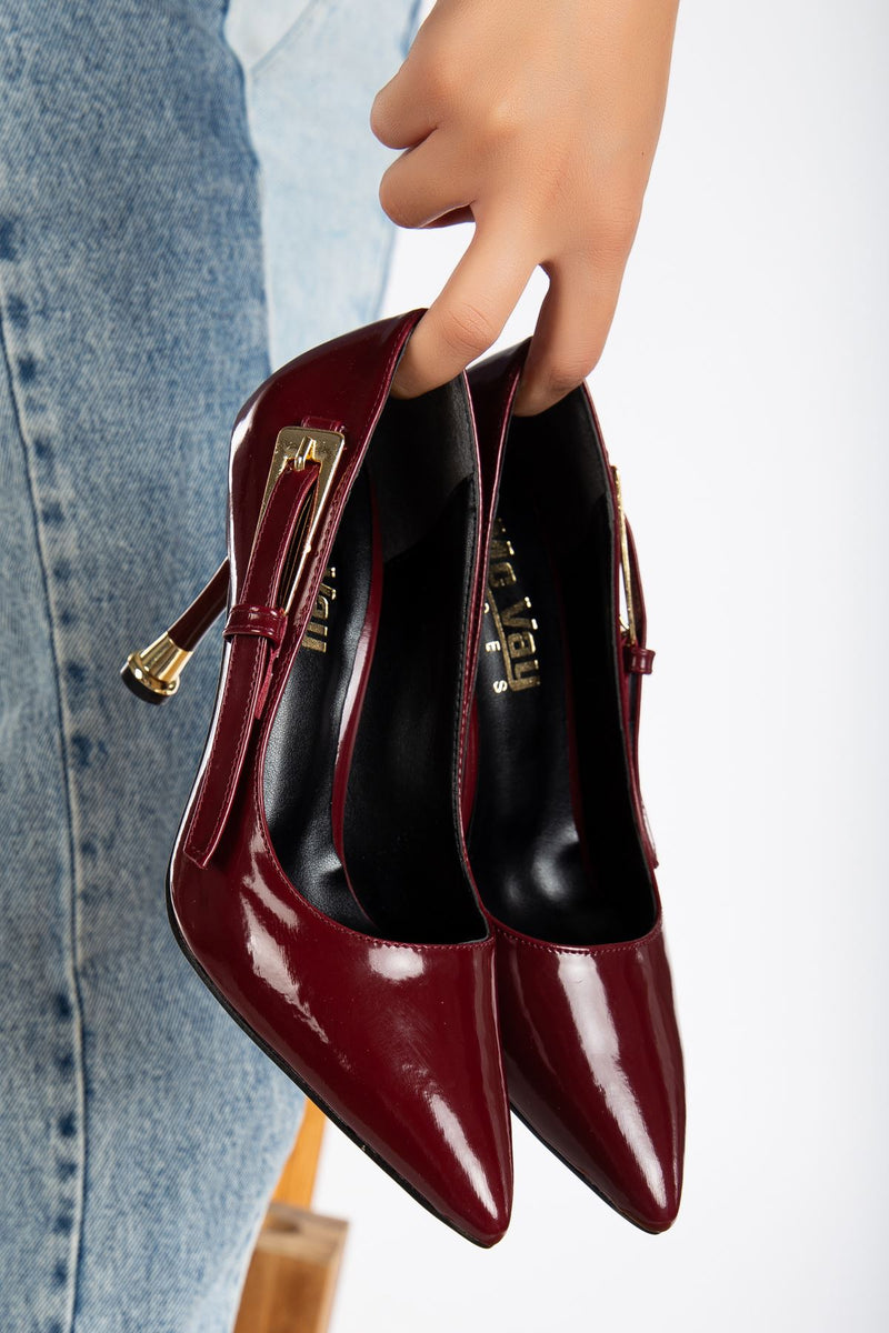 Women's Burgundy Buckle Detailed Pointed Toe Stiletto - STREETMODE™