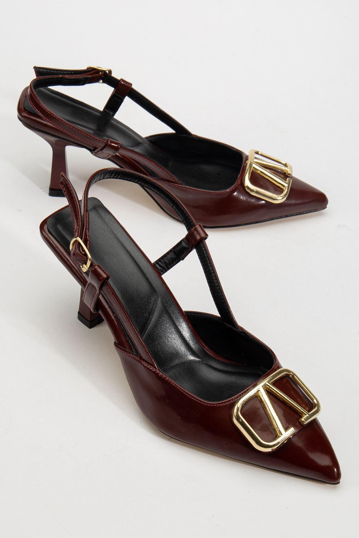 Women's Burgundy Patent Leather Buckle Detailed Thin Heeled Shoes - STREETMODE™