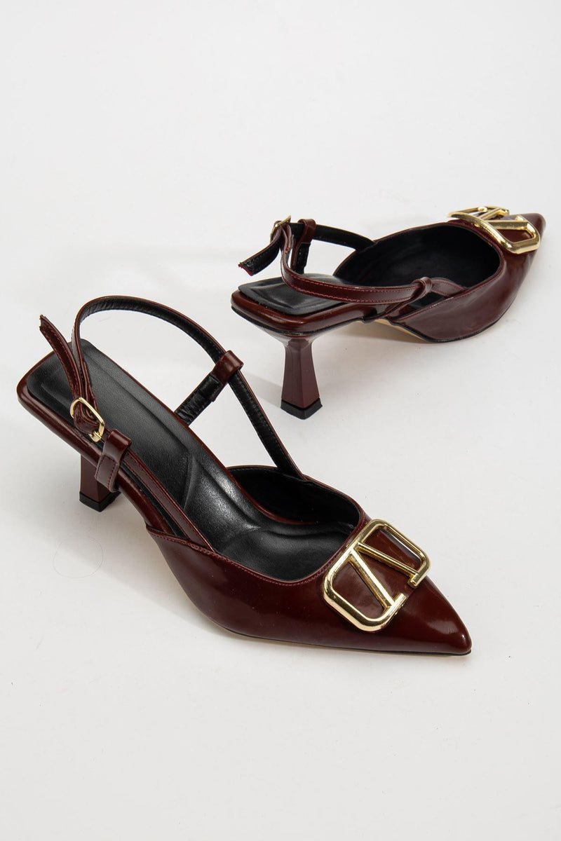 Women's Burgundy Patent Leather Buckle Detailed Thin Heeled Shoes - STREETMODE™