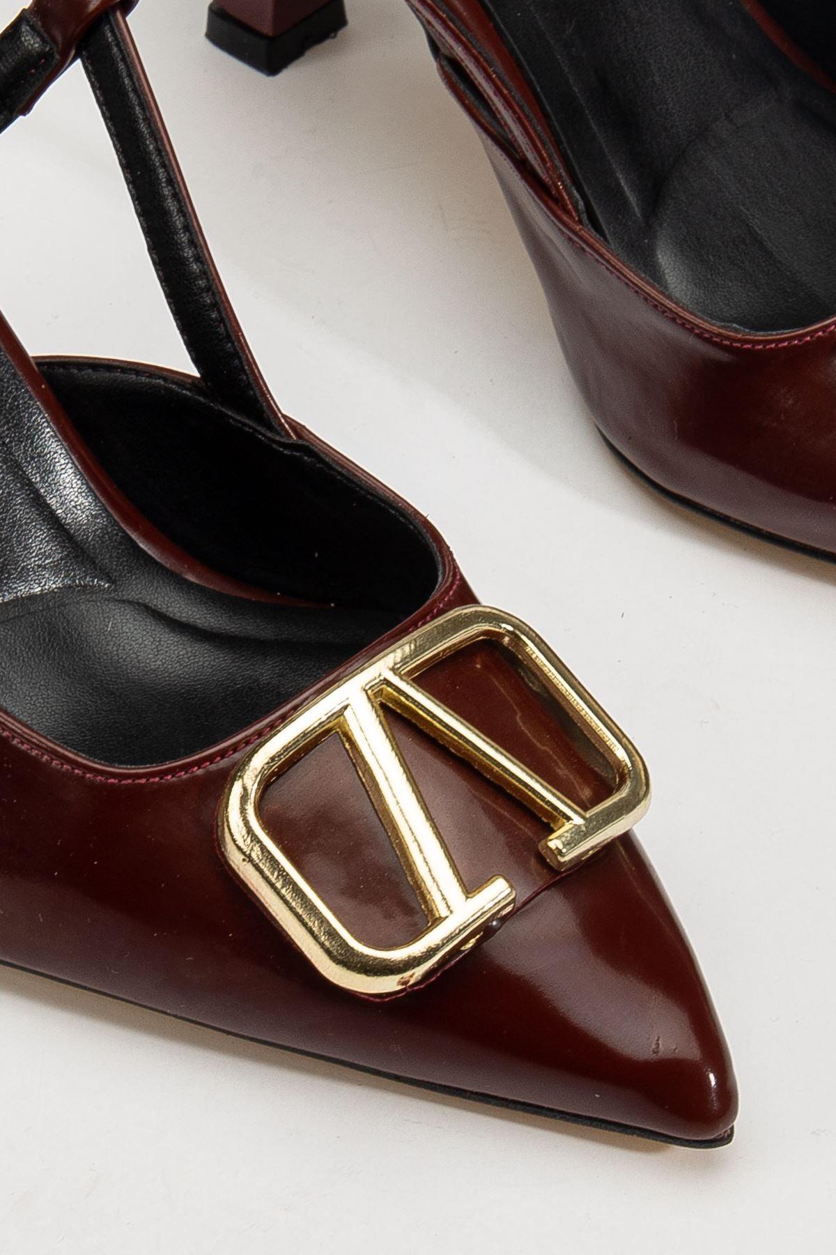 Women's Burgundy Patent Leather Buckle Detailed Thin Heeled Shoes - STREETMODE™