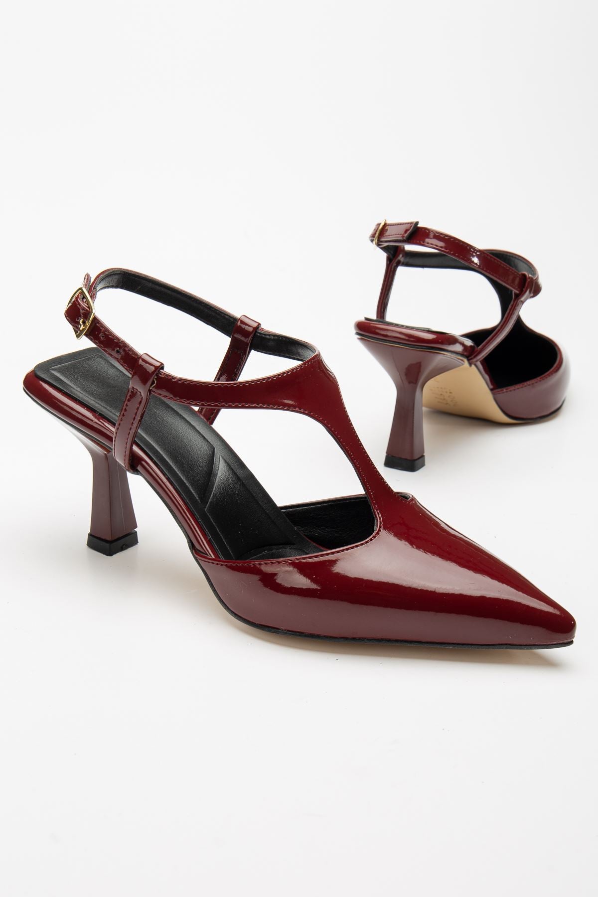 Women's Burgundy Patent Leather Slingback Stylish High Heel Shoes with Side Gold Buckle - STREETMODE™