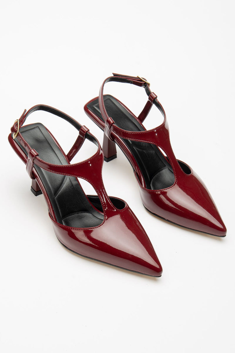 Women's Burgundy Patent Leather Slingback Stylish High Heel Shoes with Side Gold Buckle - STREETMODE™