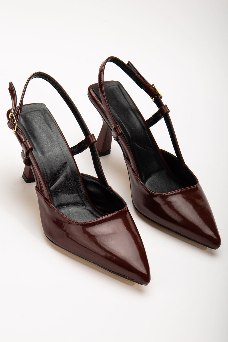 Women's Burgundy Patent Leather Thin Heeled Shoes - STREETMODE™