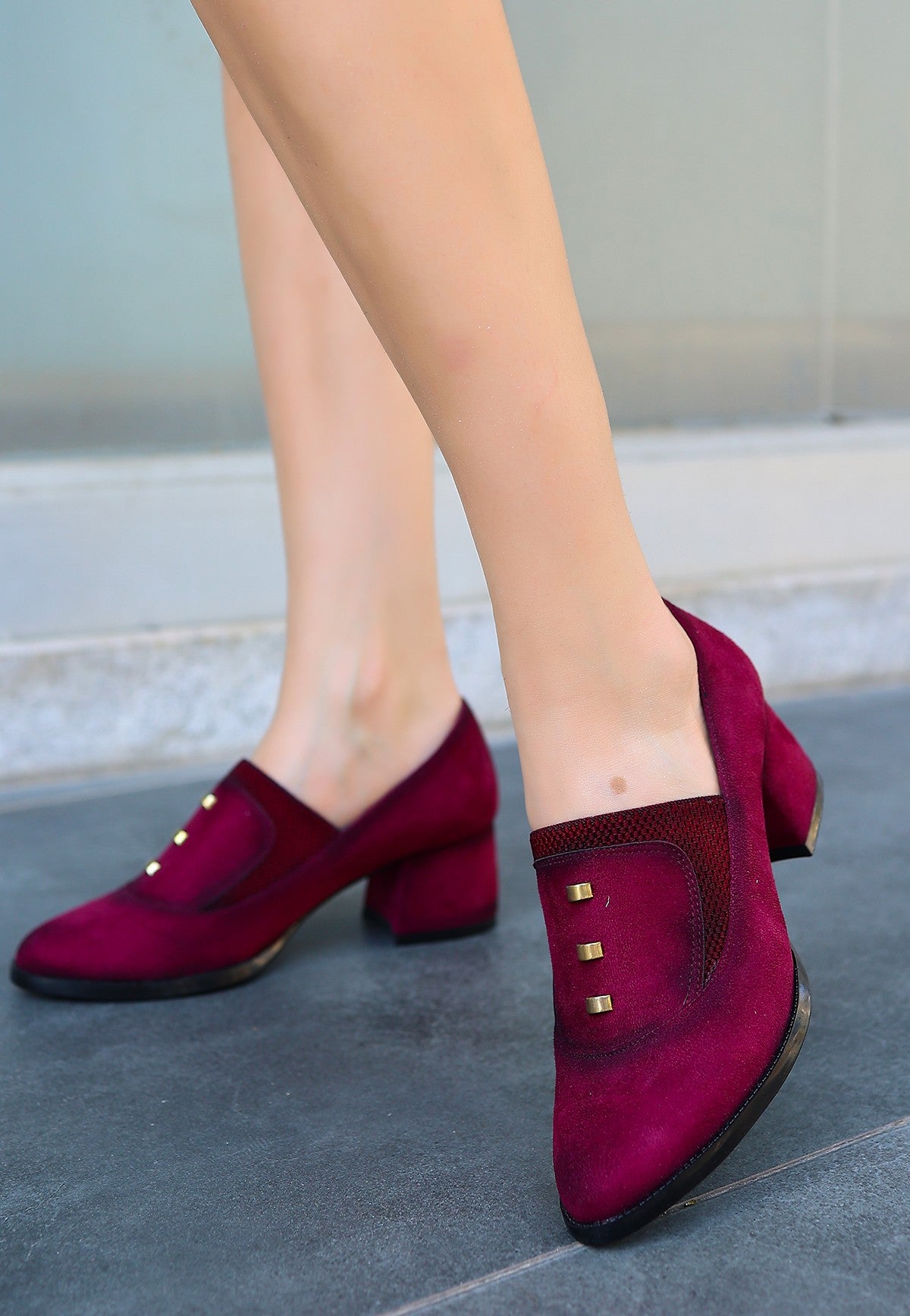 Women's Burgundy Suede Heeled Shoes - STREETMODE™