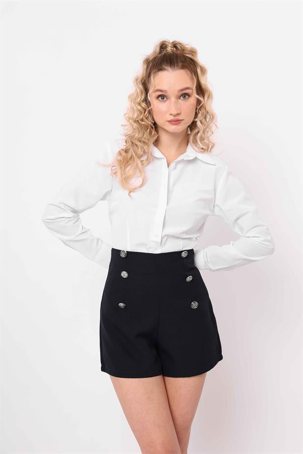 Women's Buttoned Shorts Navy Blue - STREETMODE™