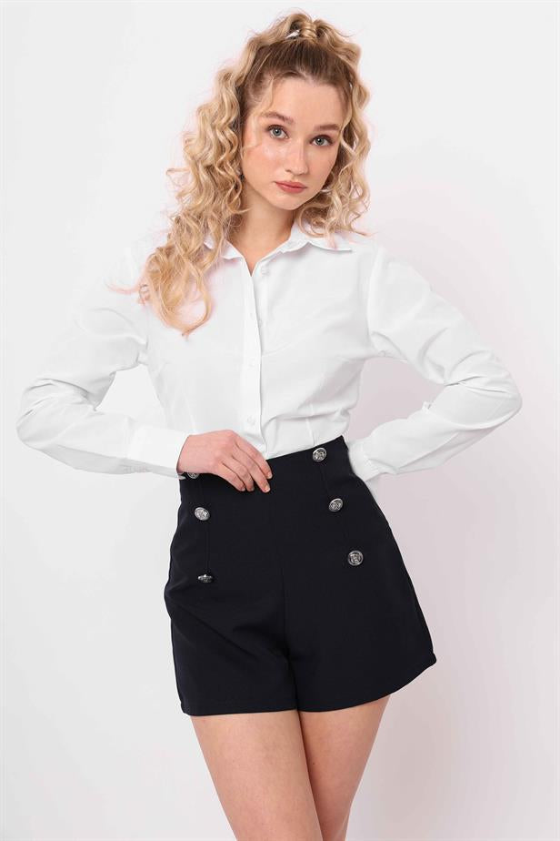 Women's Buttoned Shorts Navy Blue - STREETMODE™