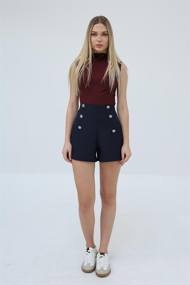 Women's Buttoned Shorts Navy Blue - STREETMODE™