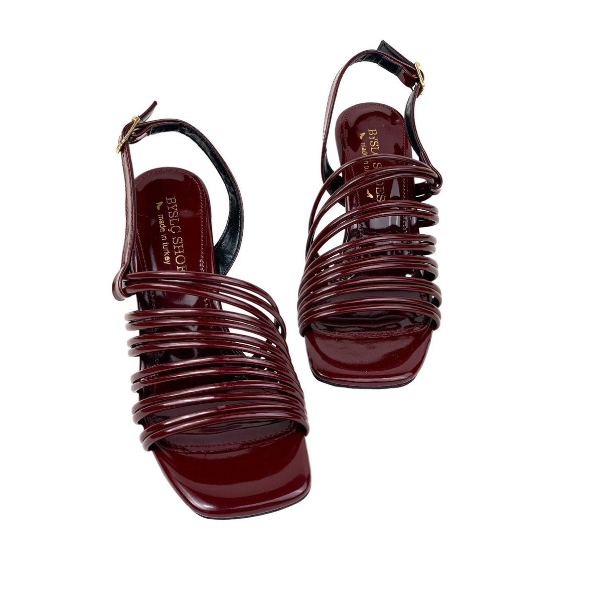 Women's Calç Claret Red Patent Leather Heeled Ankle Strap Sandals - STREETMODE™