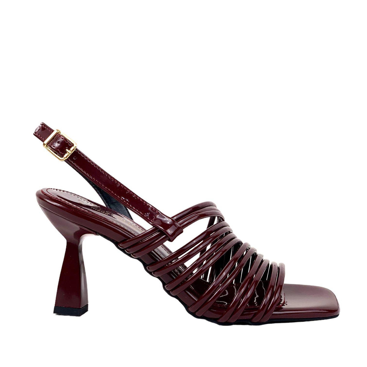 Women's Calç Claret Red Patent Leather Heeled Ankle Strap Sandals - STREETMODE™