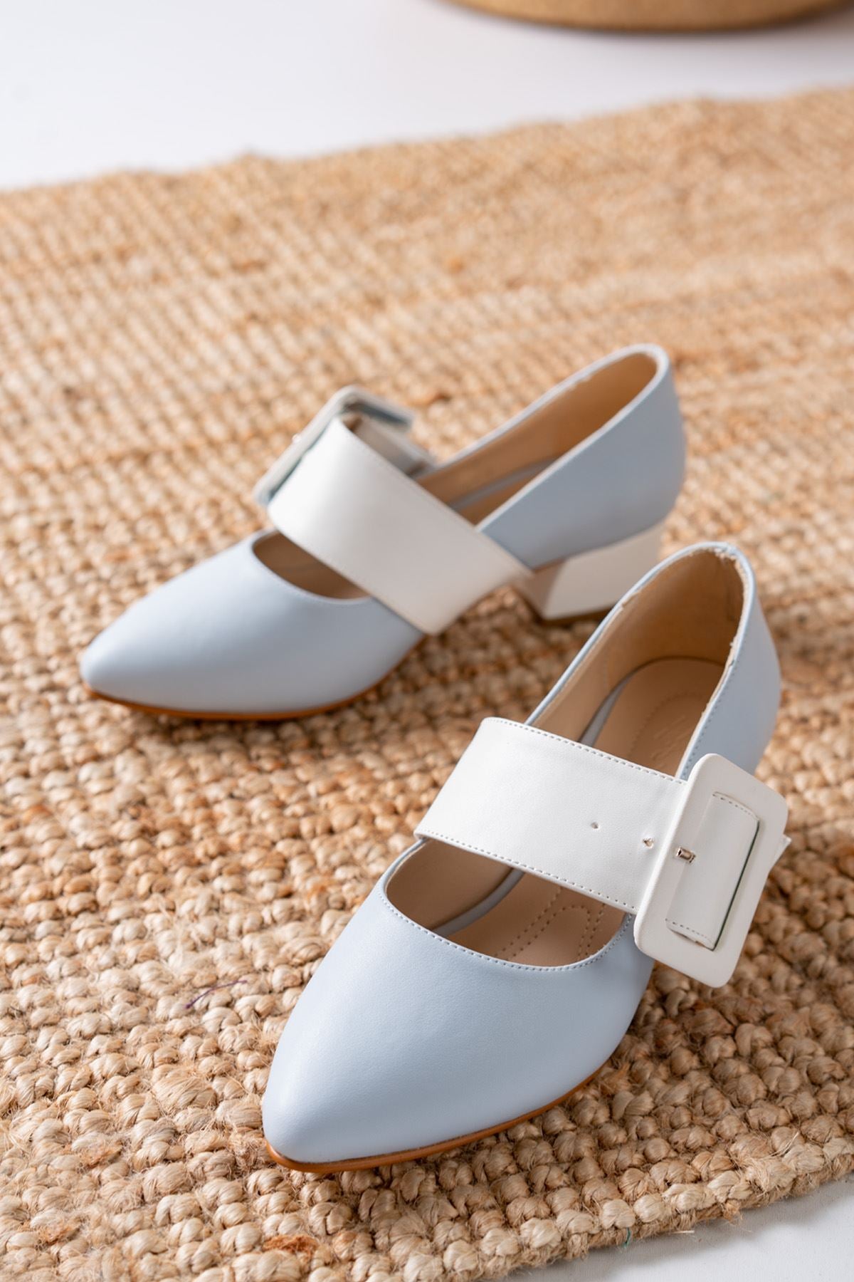 Women's Canso Bebe Blue - White Skin Buckle Detailed Pointed Toe Low Heels Women's Shoes - STREETMODE™