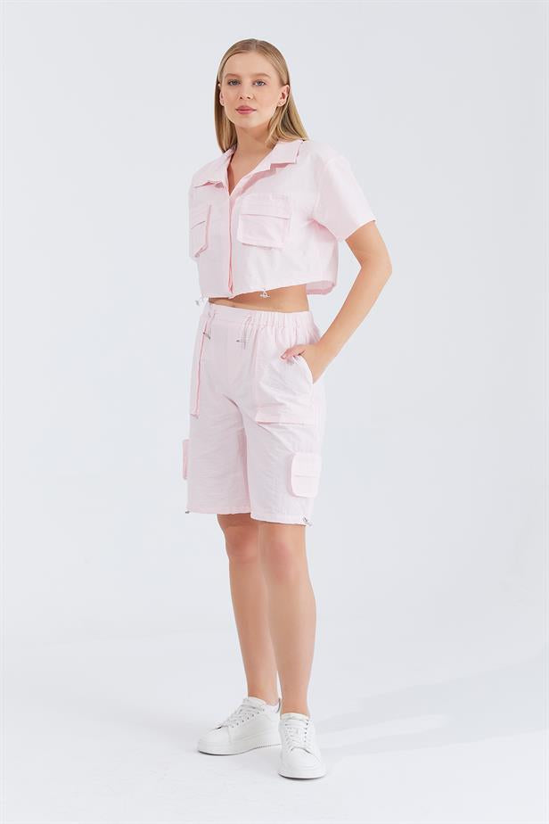 Women's Cargo Shirt Shorts Set - Pink - STREETMODE™