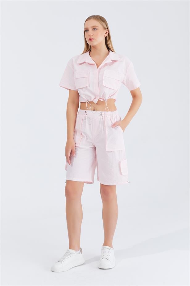 Women's Cargo Shirt Shorts Set - Pink - STREETMODE™