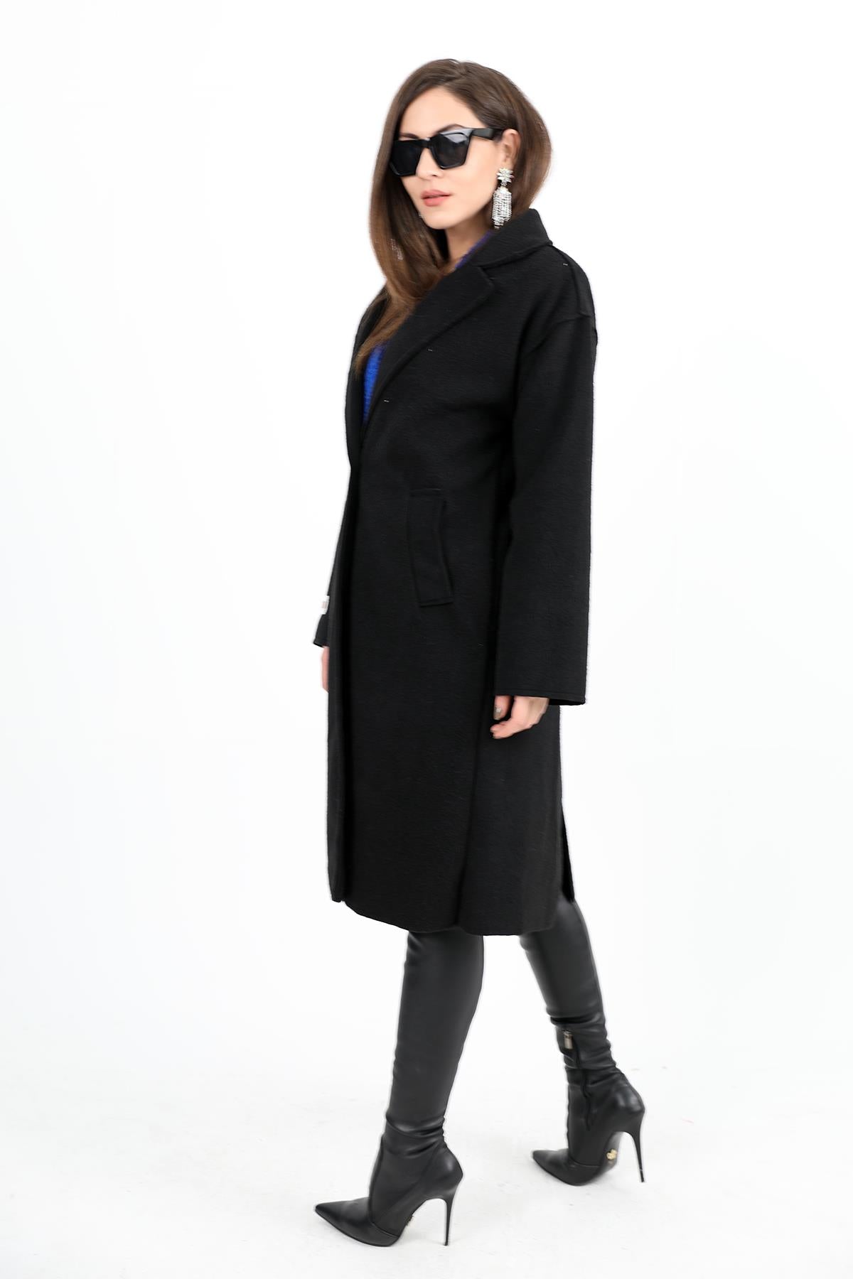 Women's Cashmere Coat Double-Breasted Collar Sleeve with Crest Detail - Black - STREETMODE™
