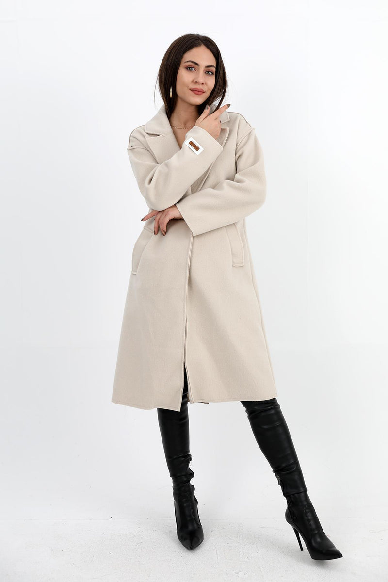 Women's Cashmere Coat Double Breasted Collar Sleeve with Crest Detail - Stone - STREETMODE™