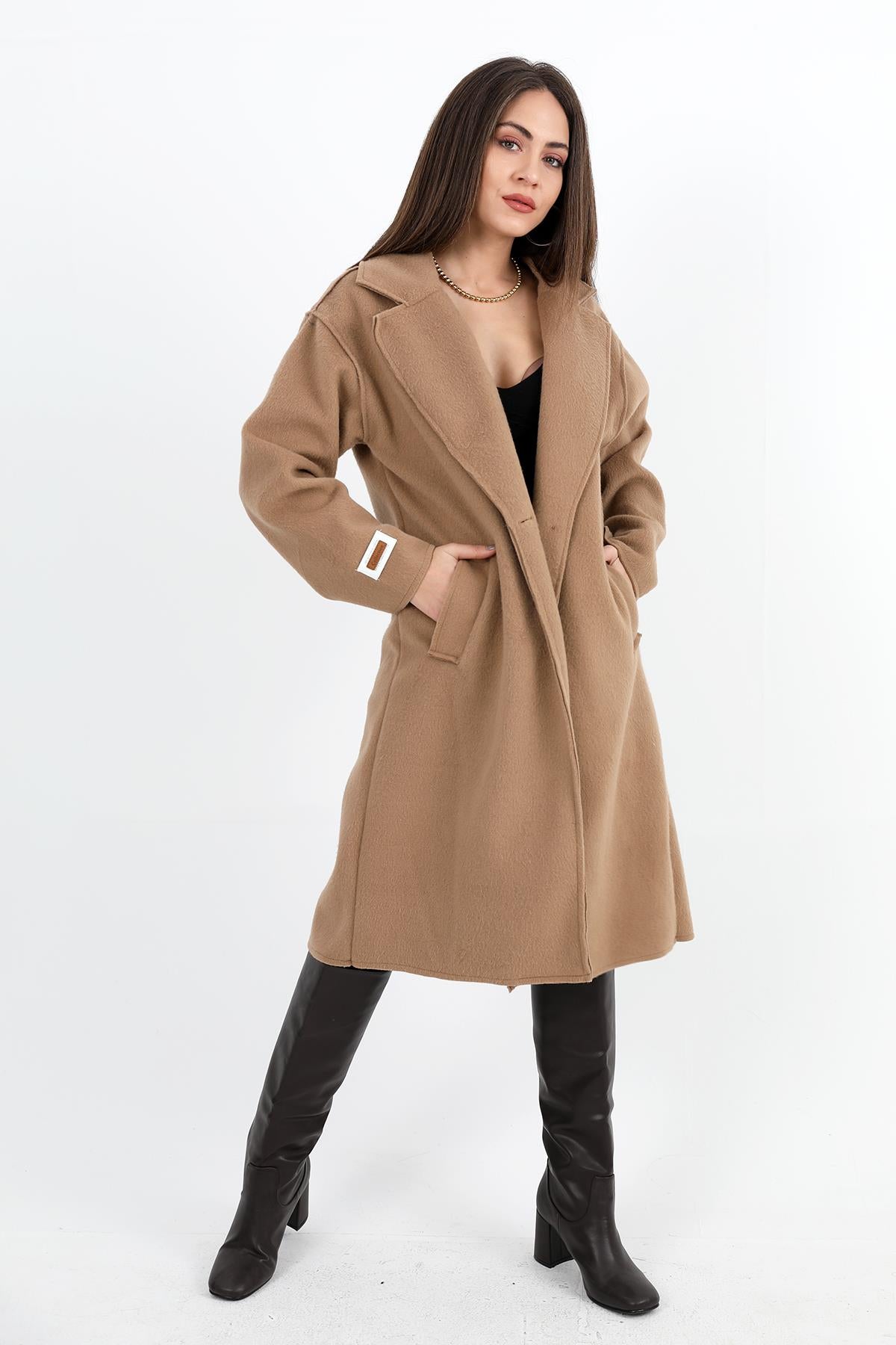 Women's Cashmere Coat Double Breasted Collar Sleeve with Emblem Detail - Camel - STREETMODE™