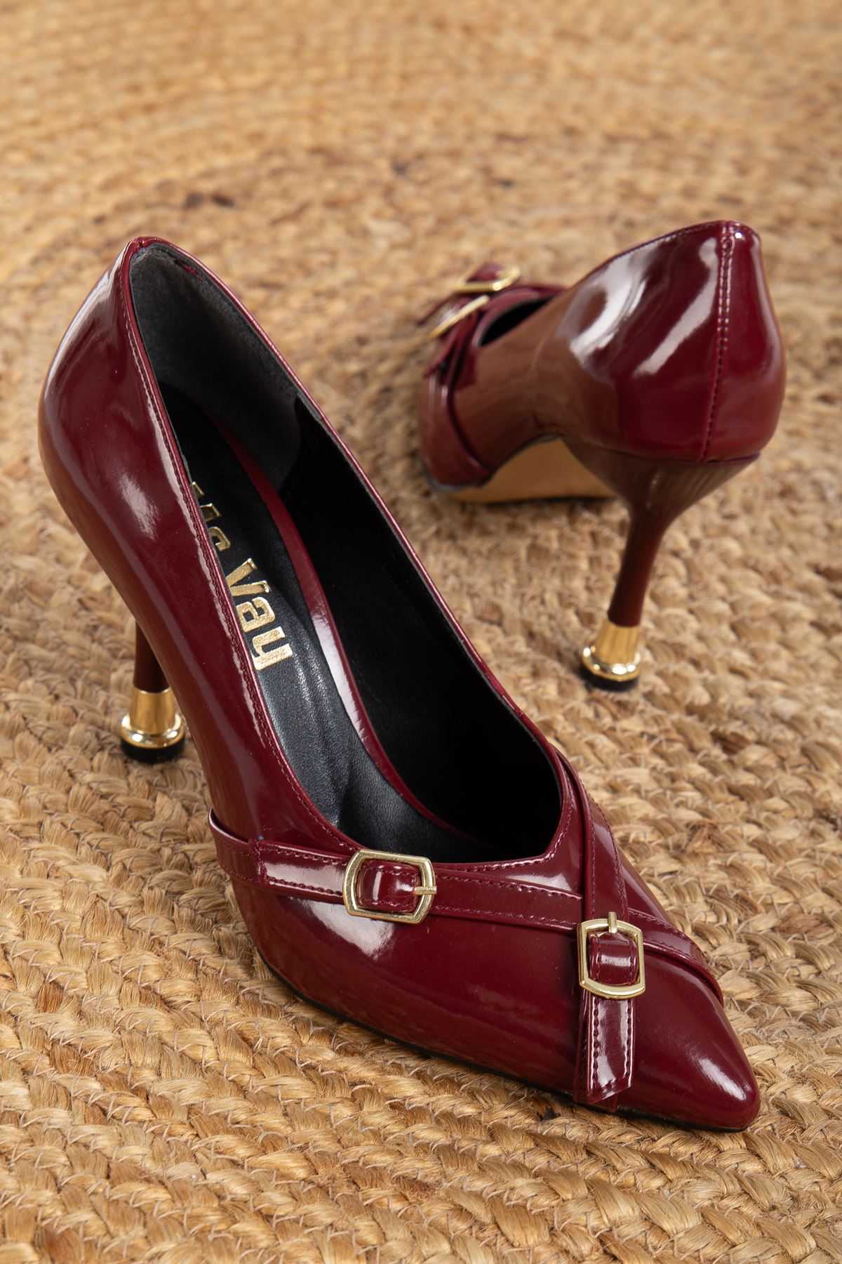 Women's Claret Red Double Buckle Detailed Pointed Toe Stiletto - STREETMODE™